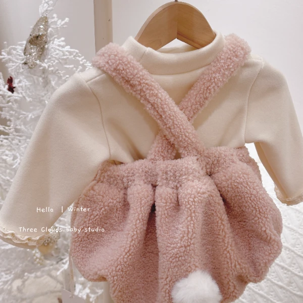 三小朵2333女宝宝秋冬加绒加厚可爱哈衣藕粉色哈衣套装洋气包屁