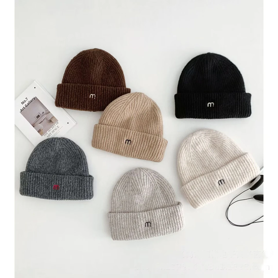 儿童针织帽简约字母m卷边套头帽 冬季男女童户外保暖毛线帽