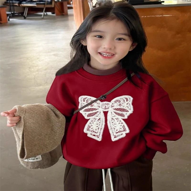 女童时髦卫衣2025秋冬加绒圆领上衣酒红色印花儿童打底衫宽松上衣