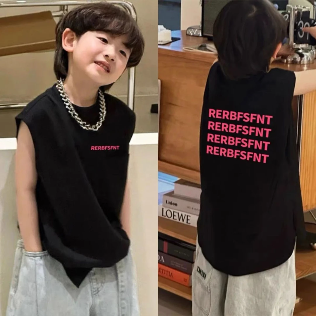 220克重磅纯棉中大童美式潮牌无袖背心夏季新款黑色坎肩t恤上衣潮