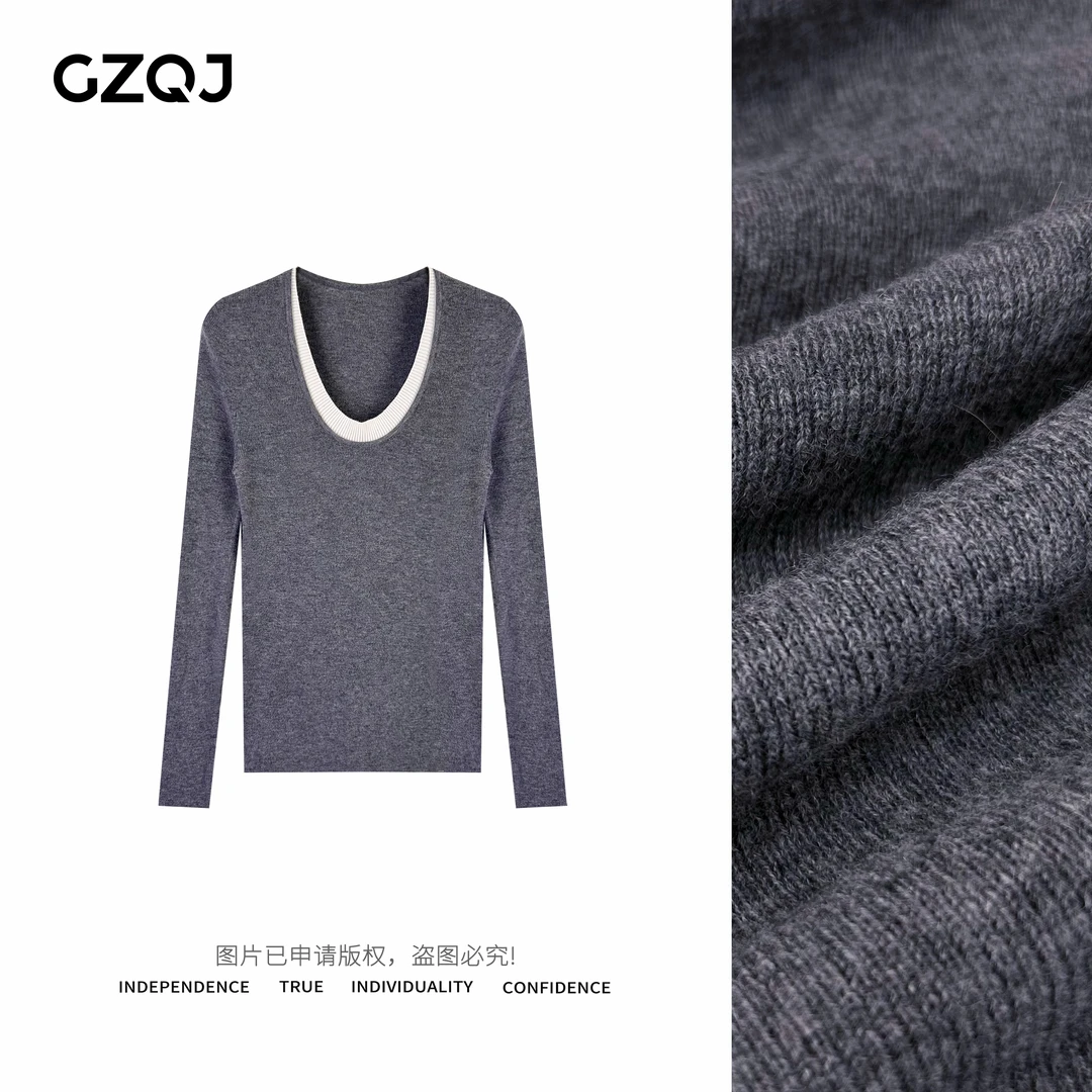 GZQJ【限定达令】100绵羊毛假两件设计修身长袖针织衫女秋9113