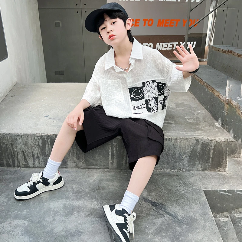 男童夏装衬衫套装2025新款夏季中大童短袖男孩洋气儿童帅气薄款潮