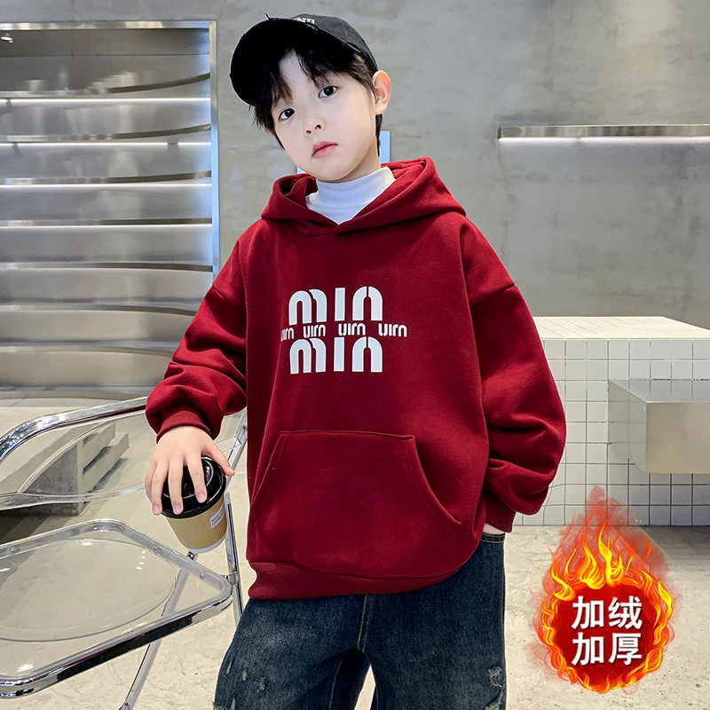 男童红色连帽保暖卫衣2025秋冬新款洋气中大儿童装冬季加绒加厚潮