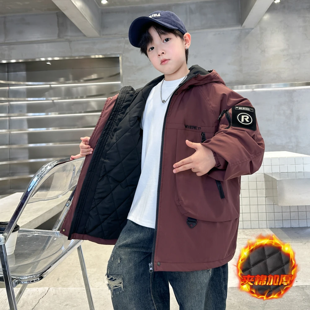 男童夹棉外套秋冬2025新款儿童冲锋衣加厚中大童棉服冬季帅气男孩