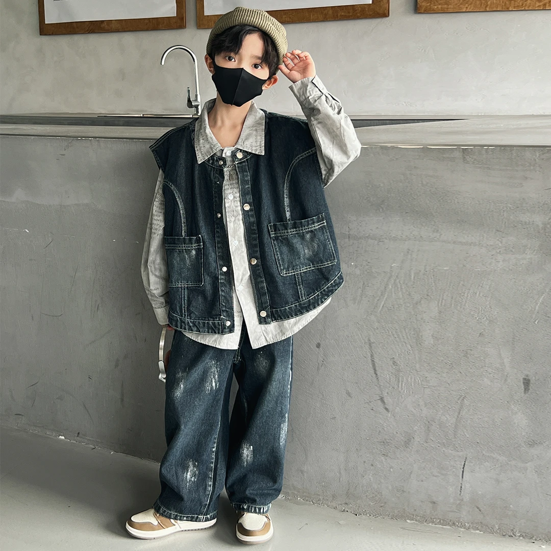 男童春装牛仔套装2025新款春季中大儿童春秋男孩痞帅青少年三件套