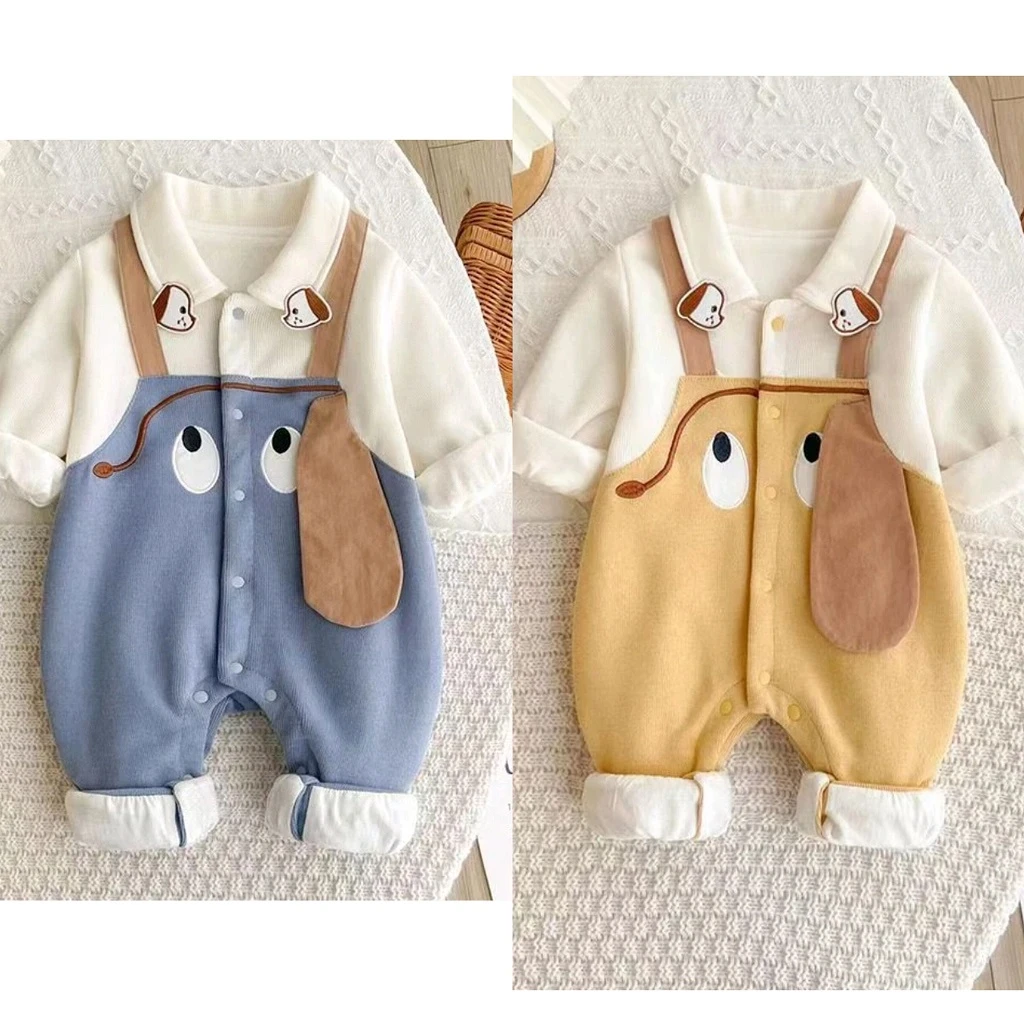 【潮】新款婴幼儿宝宝可爱卡通立体大耳狗假背带裤长袖连体哈衣爬