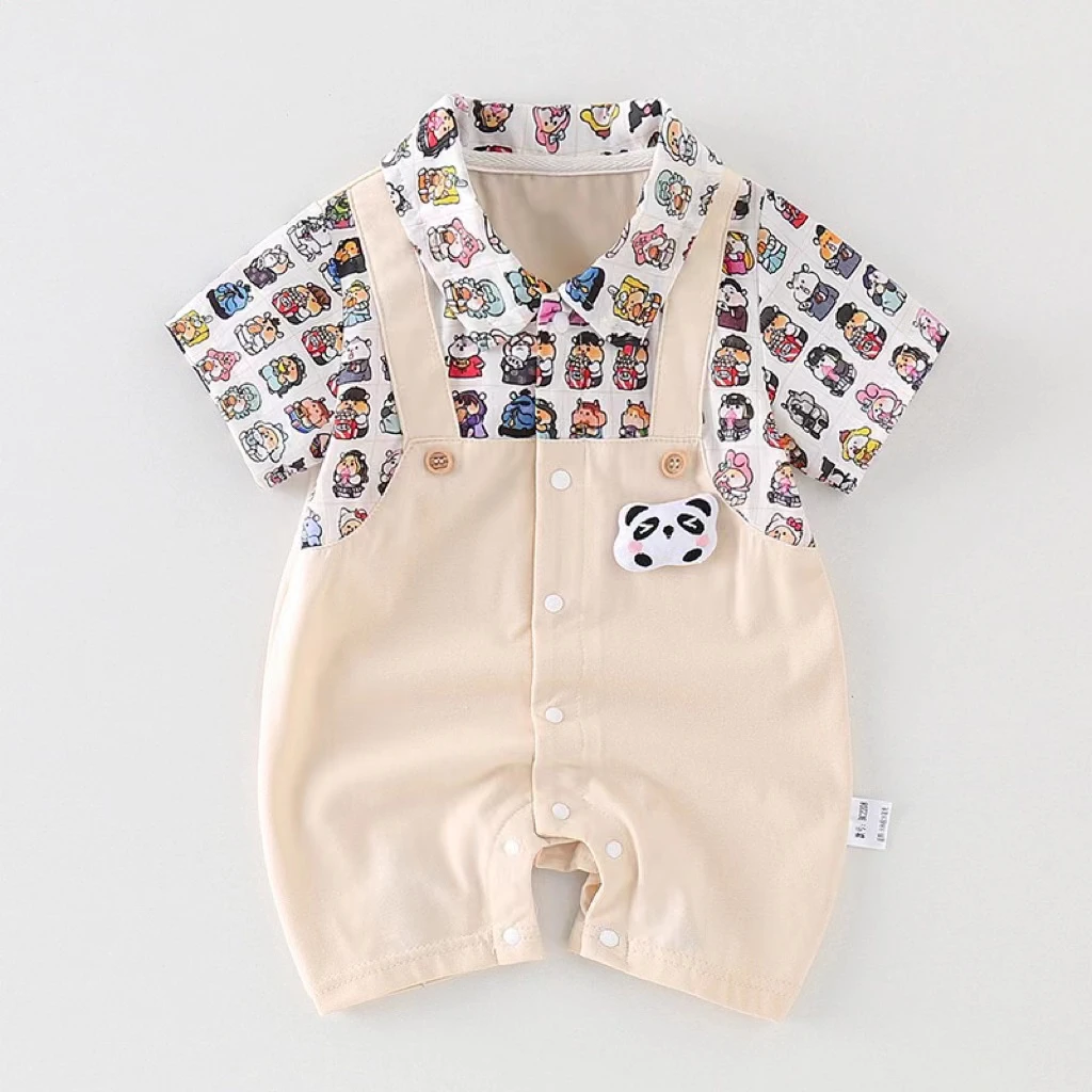 新款宝宝韩版卡通可爱立体熊猫假两件夏季薄款半袖连体爬服