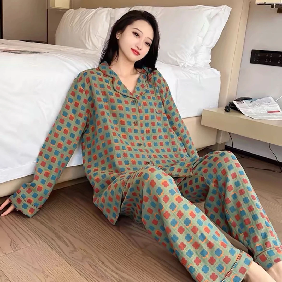 新款春秋国风开衫纯棉纱睡衣女胖mm大码宽松200斤长袖家居服套装