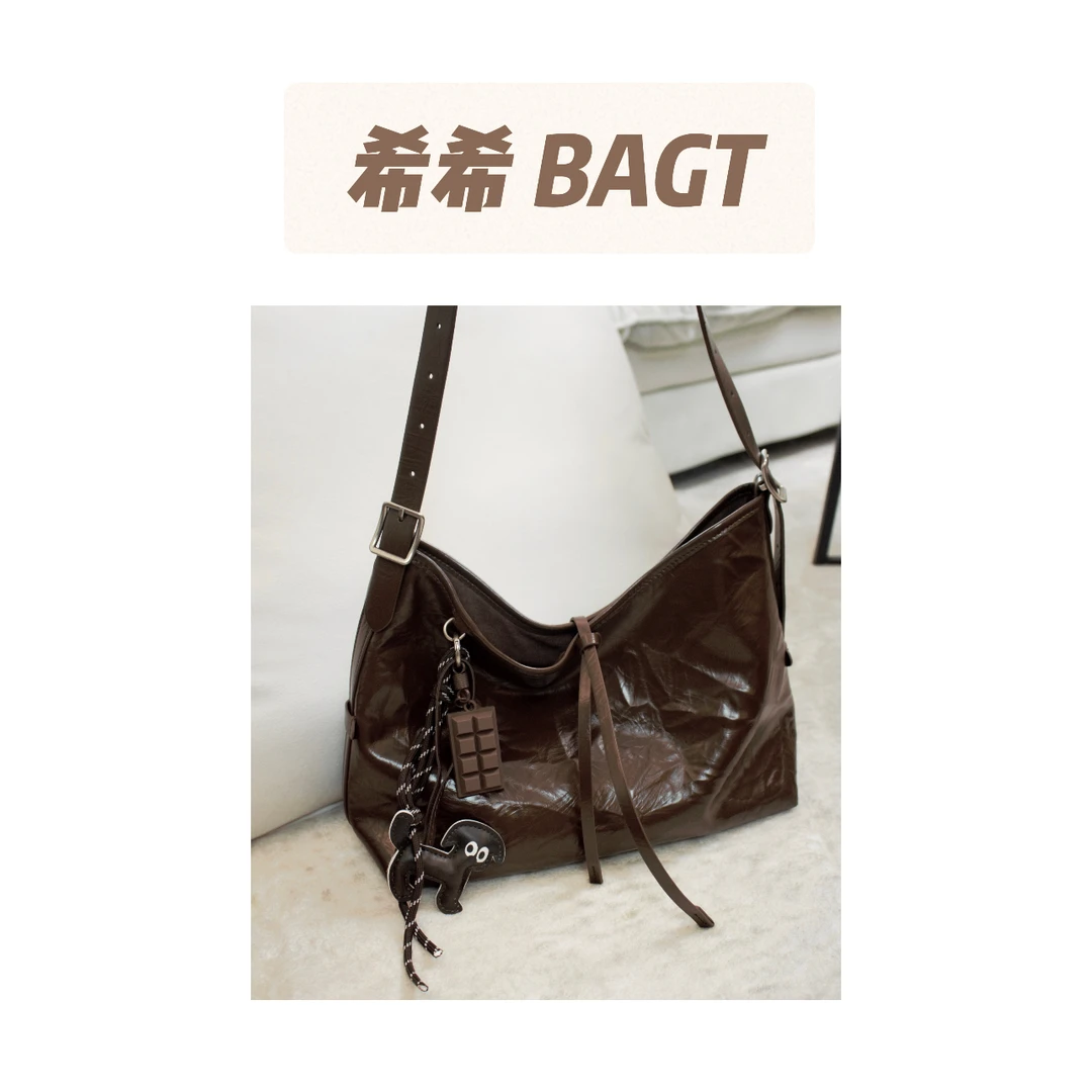 【清仓处理】大容量油蜡皮托特小众黑色腋下包包女高级感休闲托特包