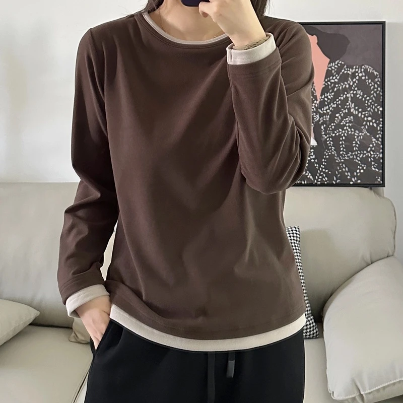 春秋新款德绒圆领撞色拼接假两件长袖T恤女休闲百搭保暖打底上衣