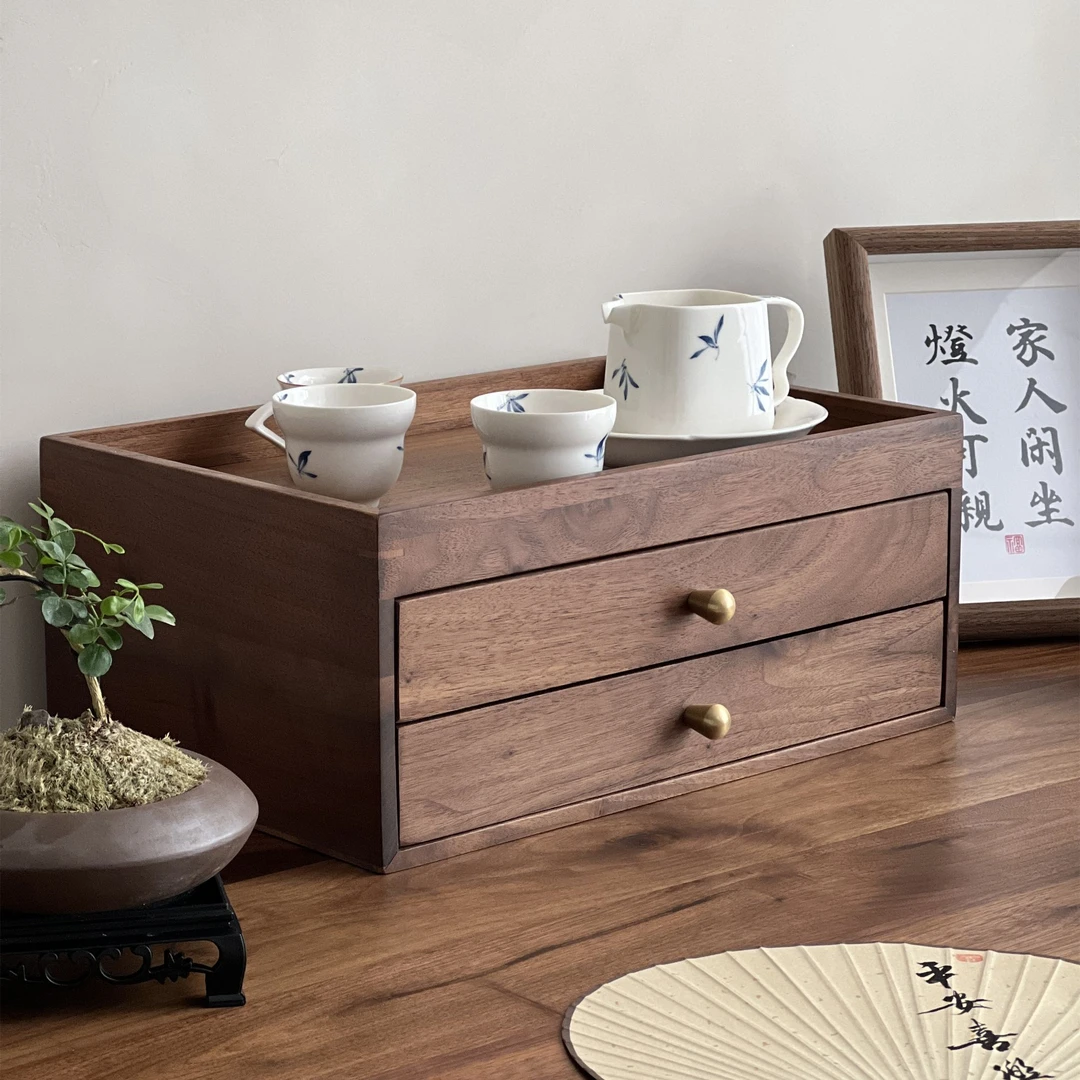 [首饰盒]北美黑胡桃木实木新中式茶杯储物盒桌面抽屉式多层收纳