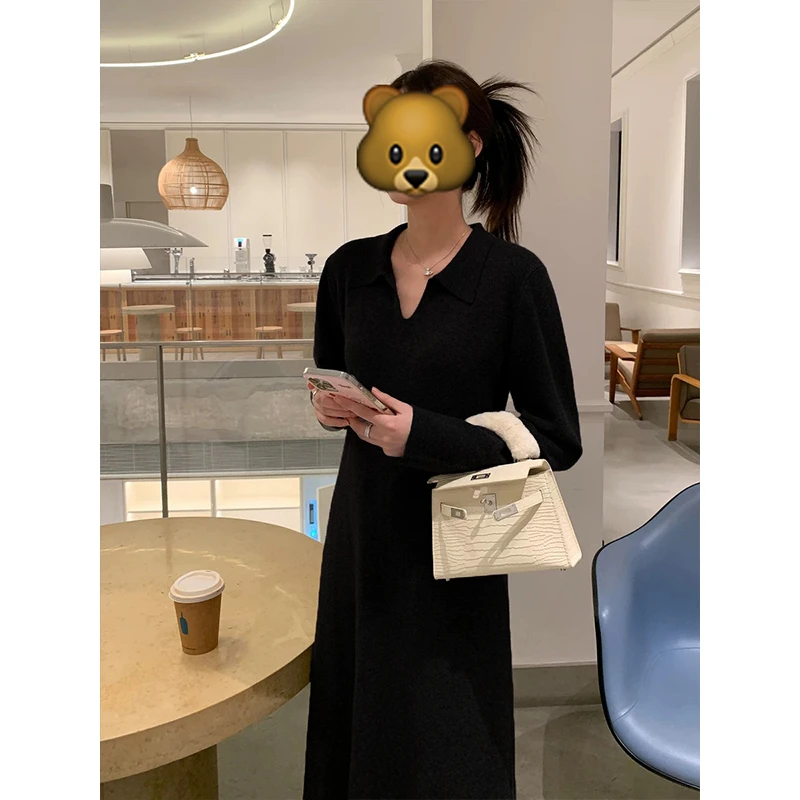 【小稳定制】高个子大码秋冬POLO领宽松显瘦长裙黑色毛针织连衣裙