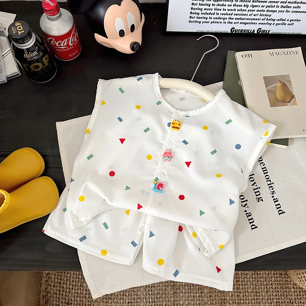 儿童夏季时尚满印印花薄款衬衫洋气男童女童韩版宽松套装