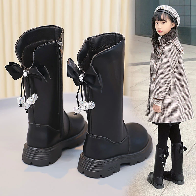 儿童鞋加绒女童靴子高筒时装马丁单靴公主二棉皮靴秋冬爆款长筒靴