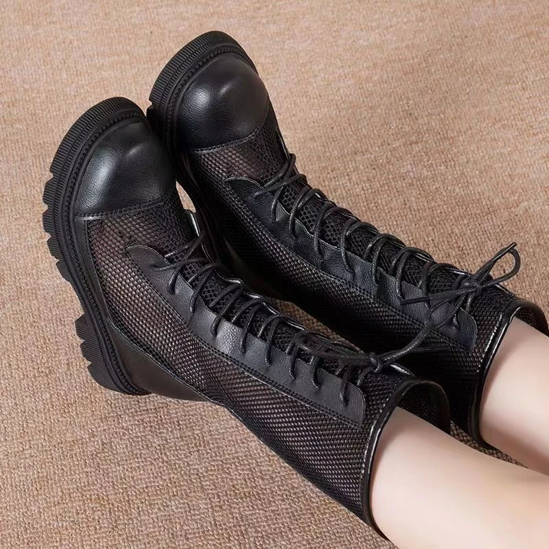 女童凉靴高筒镂空马丁靴模特走秀网靴夏季时尚潮流长筒靴礼服靴子