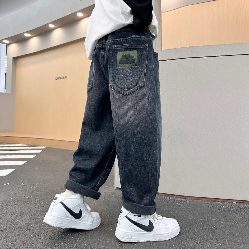 男童加绒裤子秋冬新款2024中大童儿童时尚男孩牛仔裤休闲韩版宽松