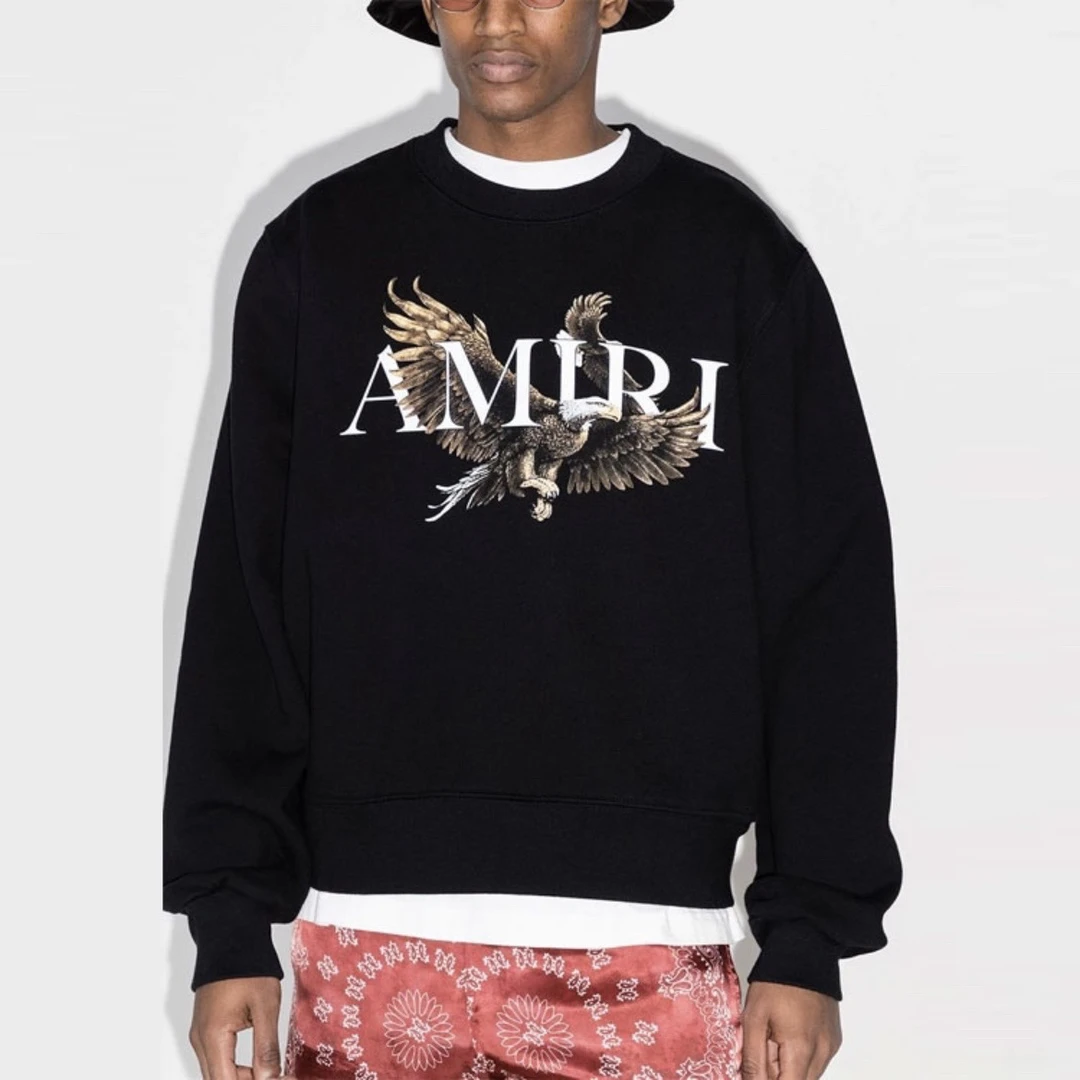 4939/AMIRI 黑色Logo老鹰印花常规袖圆领套头合身卫衣/48码/99新