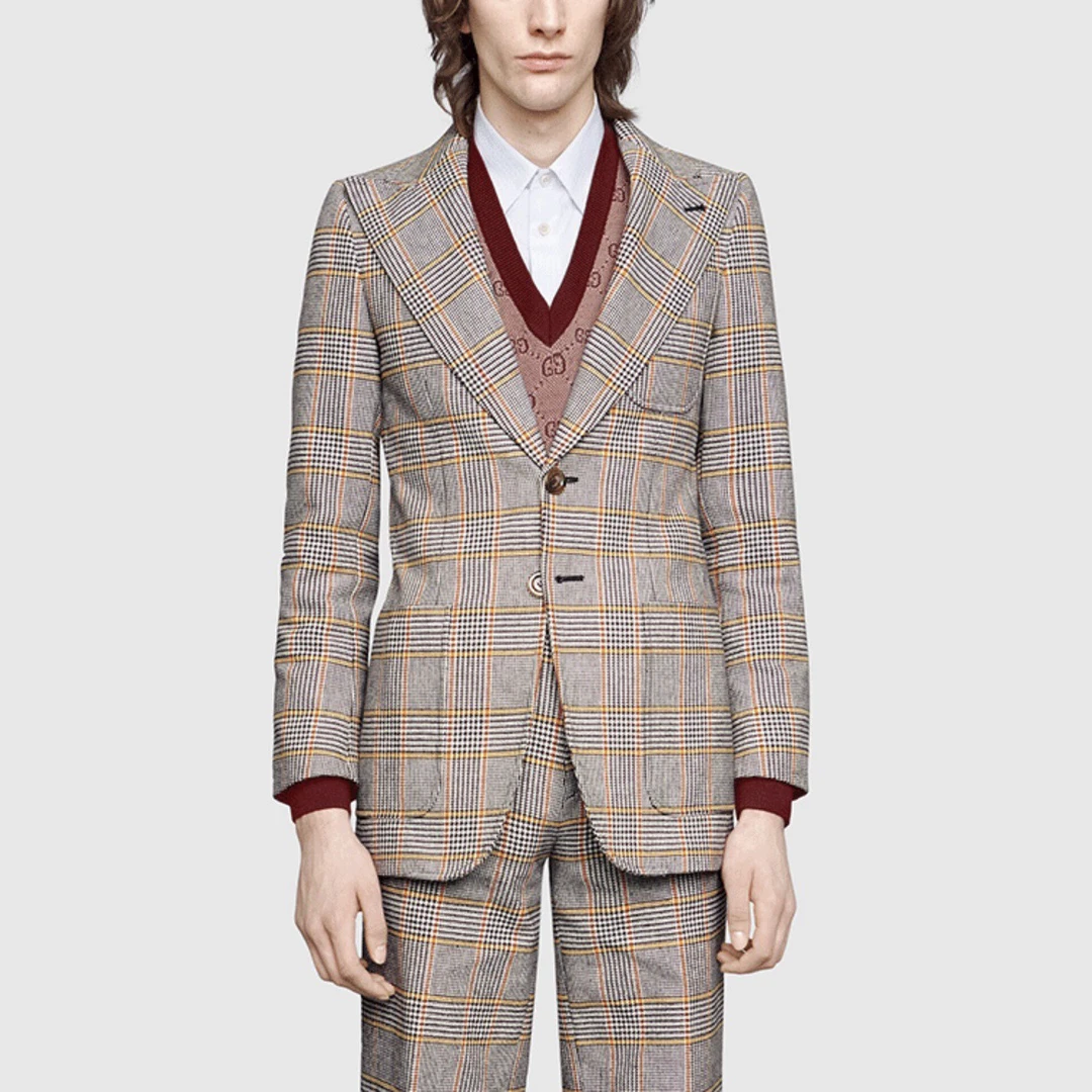 全新未使用 GUCCI/古驰 9166/GUCCI 咖色拼色格纹西装/52码/全新