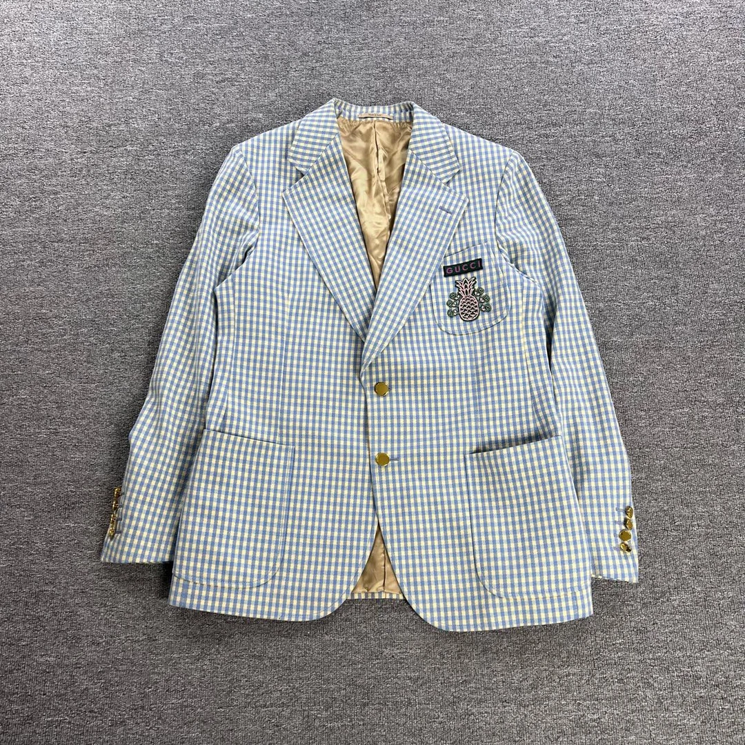CQ Gucci蓝白格纹菠萝刺绣图案单排扣西服/52码/98新-09024