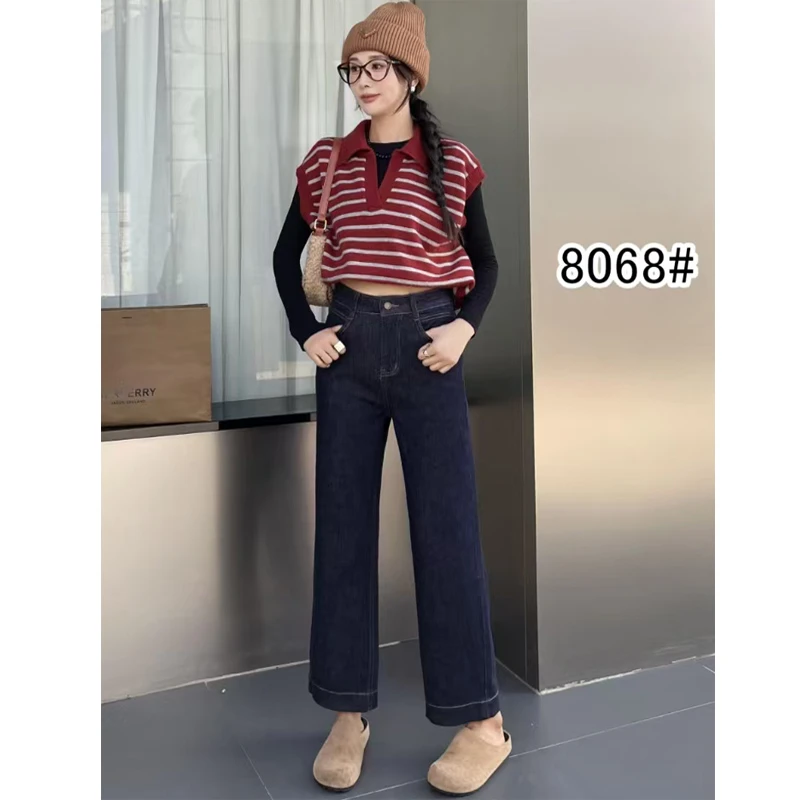 8068秋新款直筒裤韩版宽松高腰弹力时尚牛仔裤百搭九分裤女
