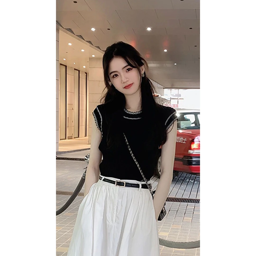 法式针织衫正肩短袖T恤设计感小众甜美高腰半身裙两件套