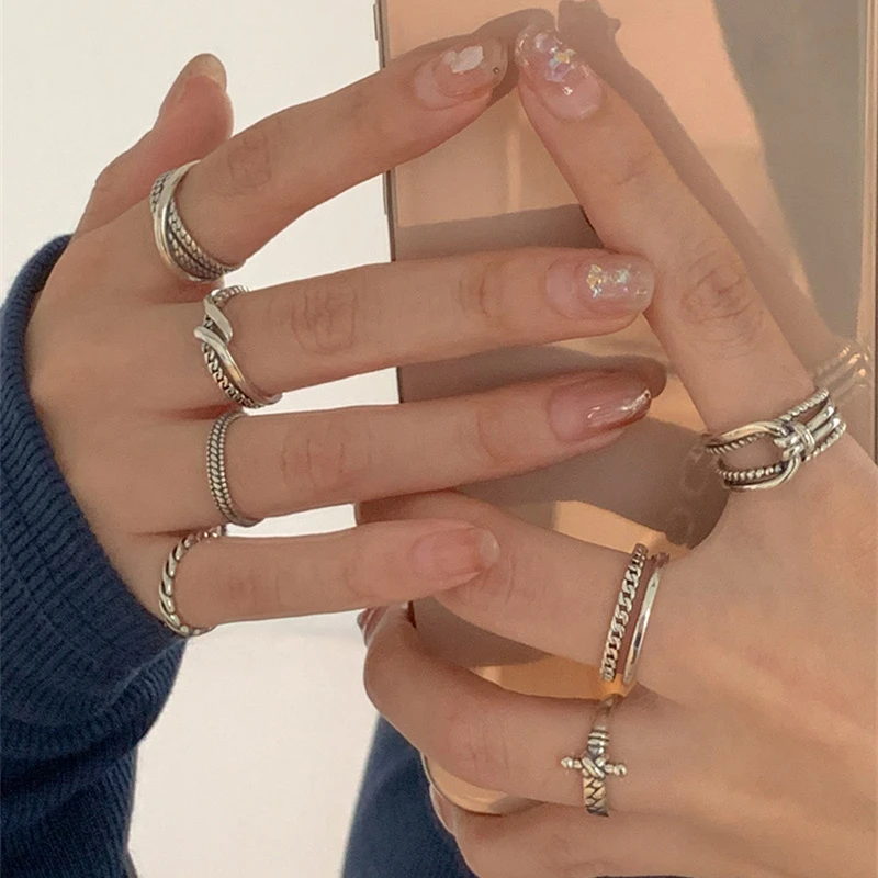 重工线条组合复古戒指女时尚个性简约设计感ins冷淡风指环