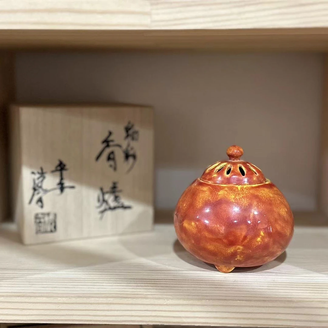 日本清水烧名家 平安洸春手作 釉彩香炉（橘）