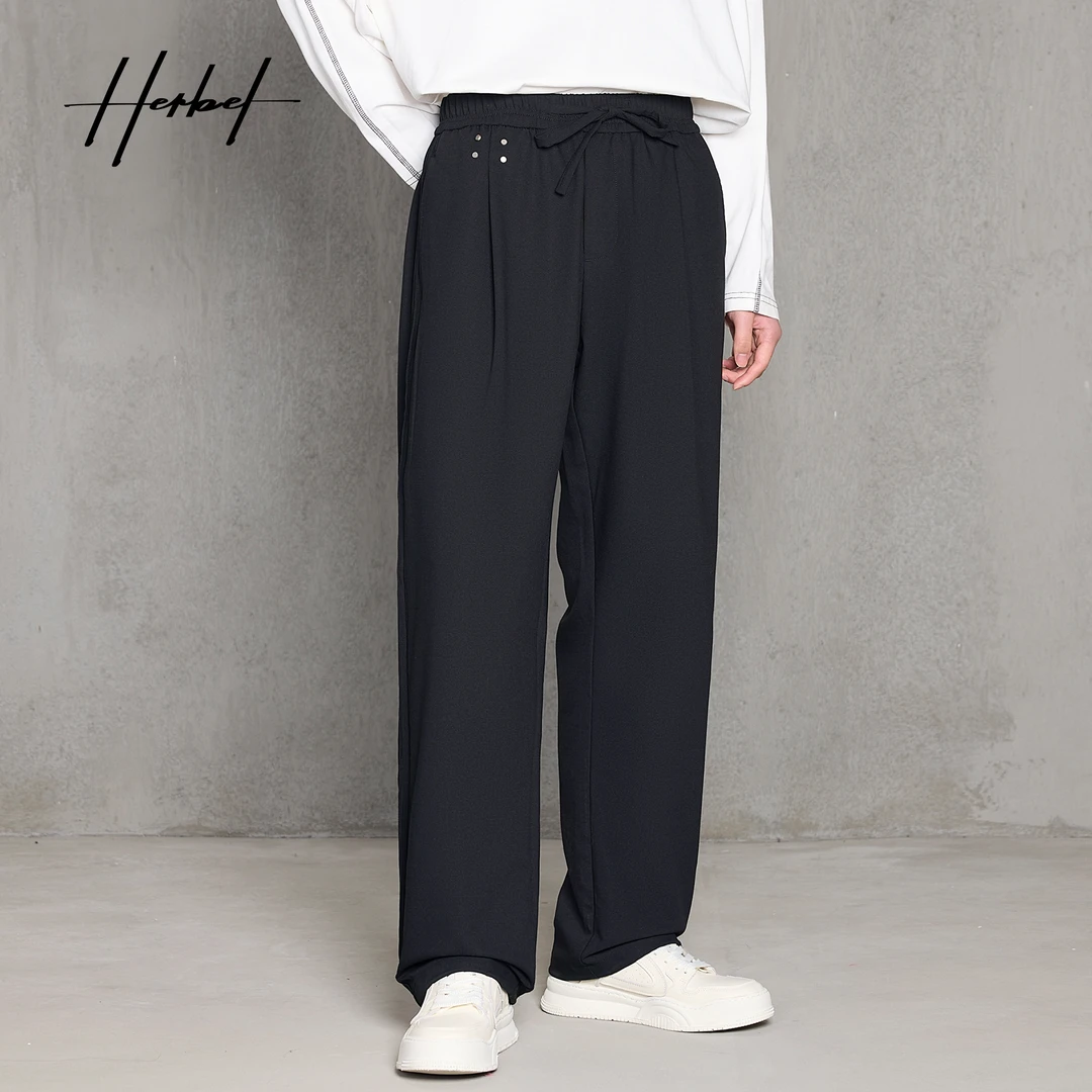 HERBEL/黑白2025秋季抽绳休闲裤松弛感直筒男士裤子宽松垂感潮