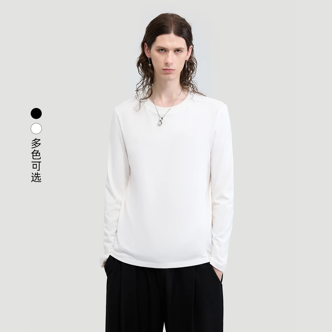 HERBEL/黑白2024秋季圆领黑色长袖T恤纯棉舒适男士打底衫百搭户外