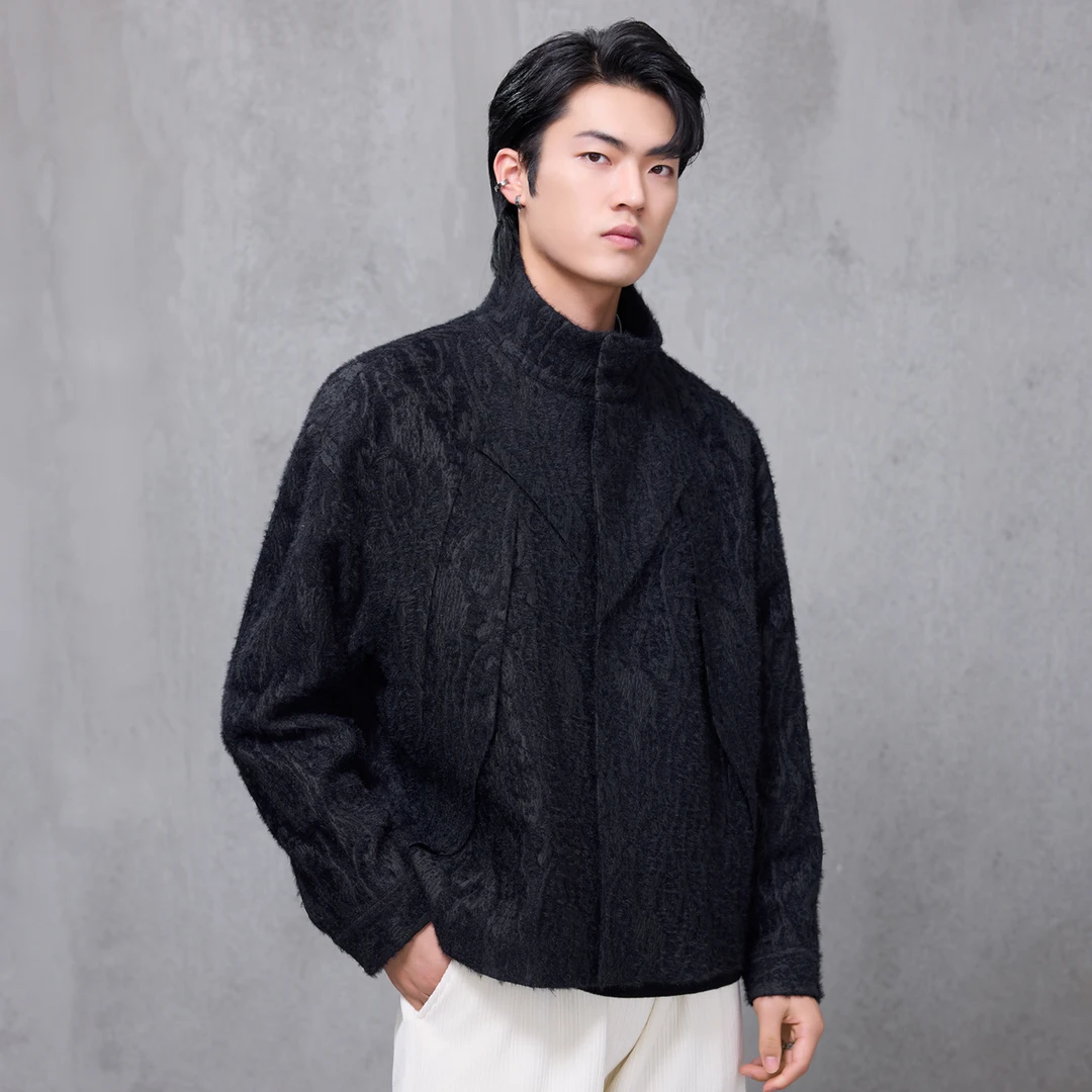 HERBEL/黑白2024秋季定制肌理面料男士休闲外套立领百搭短款夹克