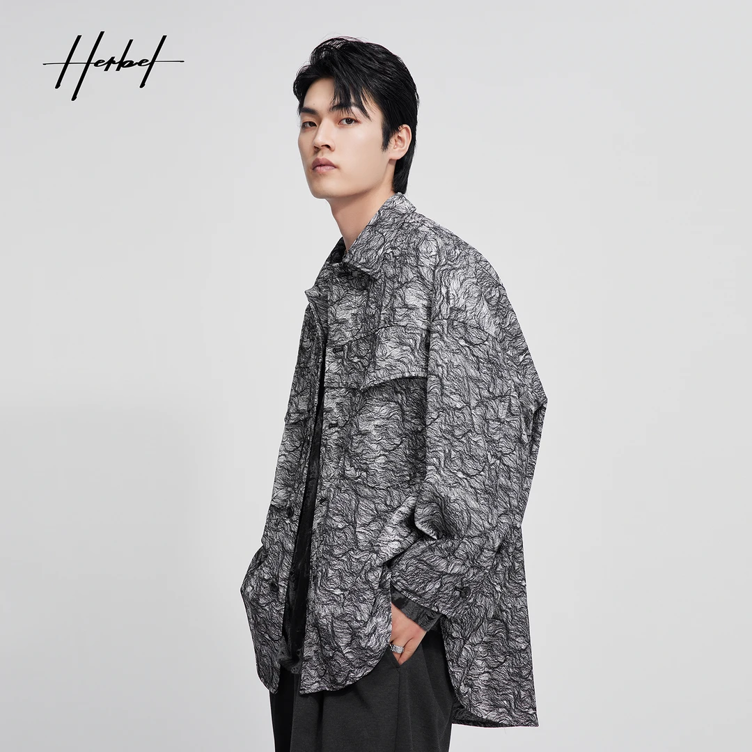 HERBEL/黑白2025春男款衬衫长袖时尚设计印花衬衫外套内搭衬衫男