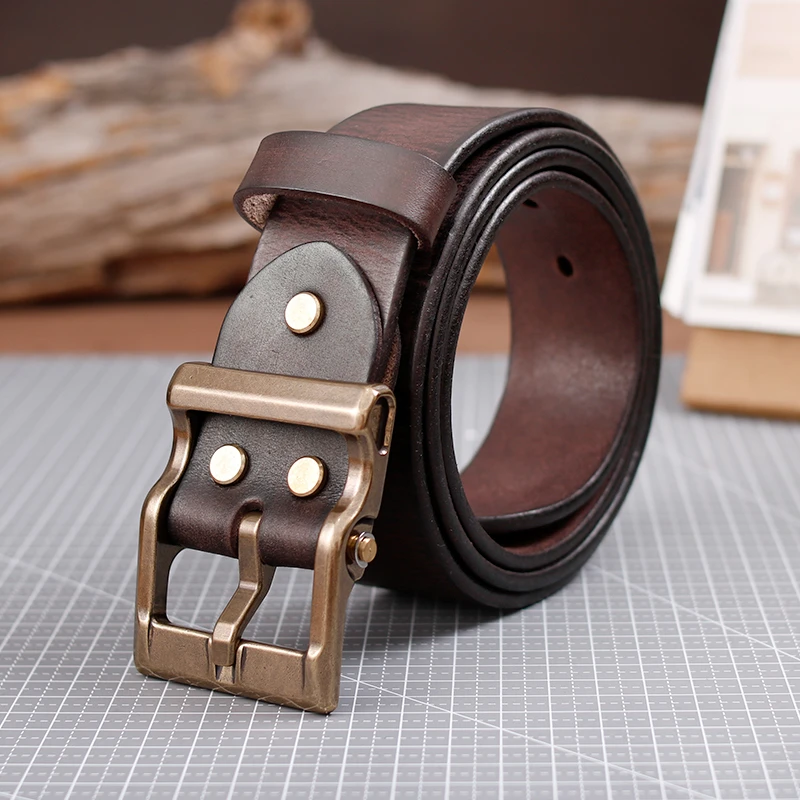 头层牛皮皮带针扣复古纯铜头层牛皮高档时尚手工腰带