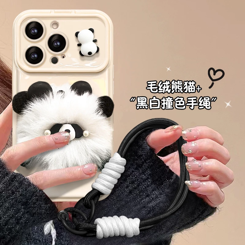 毛毛熊猫头苹果14华为vivo小米oppo翻盖镜子大视窗iPhone15手机壳