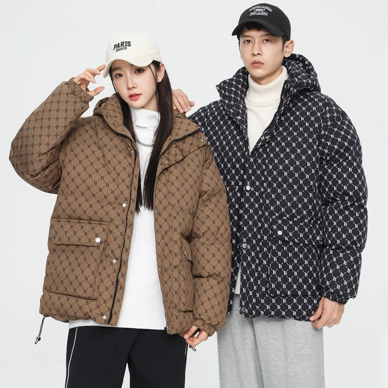 尊圻B字情侣款连帽外套满印花防风防水可拆卸帽时尚8809冬季加厚