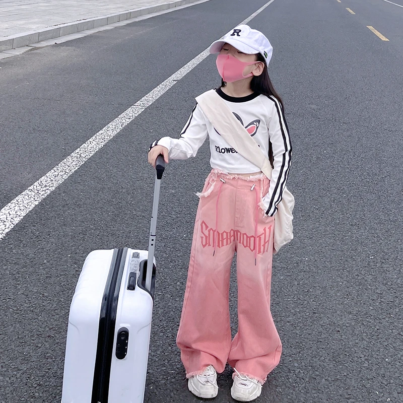 女童裤子春秋新款女孩复古渐变色直筒裤潮中大童毛边高腰阔腿裤潮