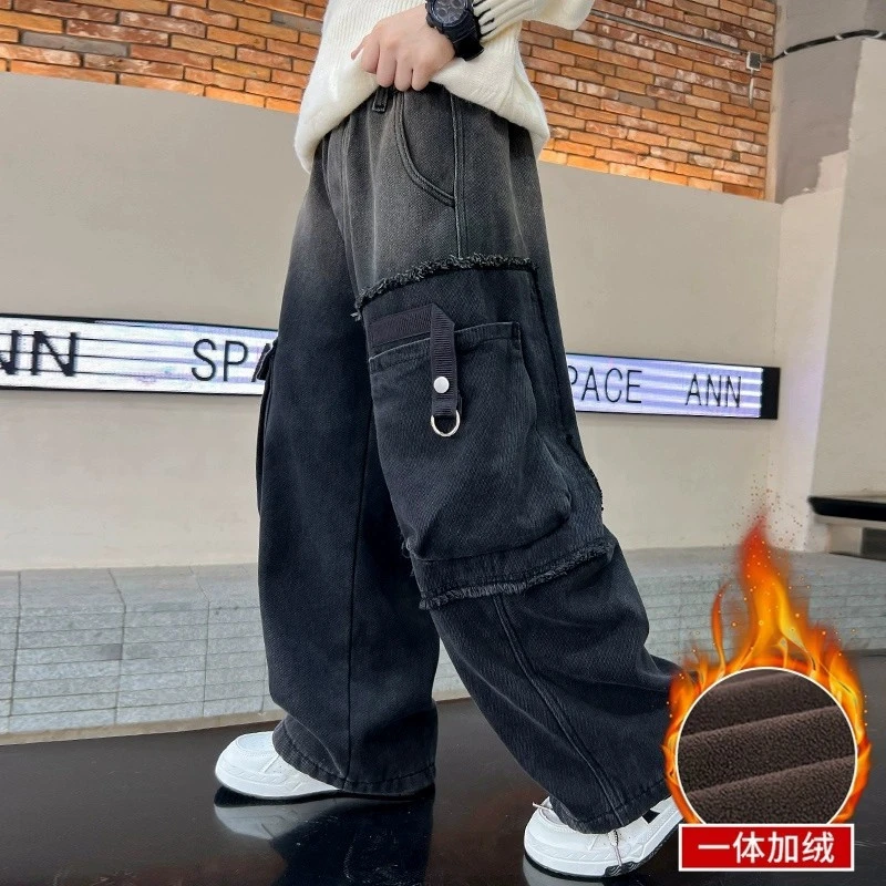 男童加绒裤子秋冬款2025新款中大童加厚男孩冬季儿童工装牛仔长裤