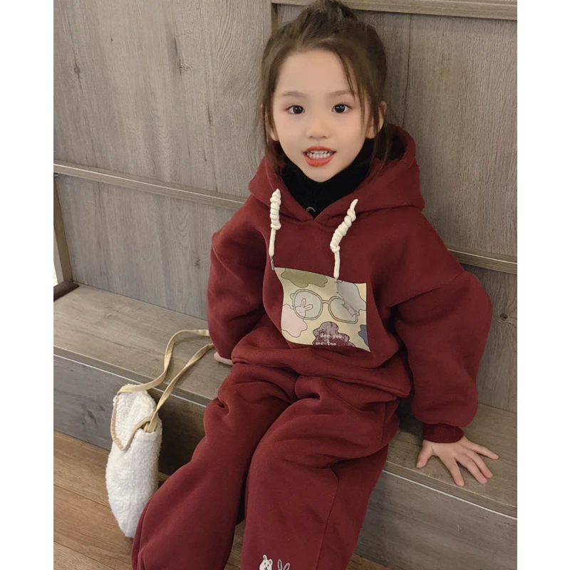 【葡塔】WWLL定制宝宝女童加绒加厚休闲运动套装卫衣卫裤幼儿园冬装