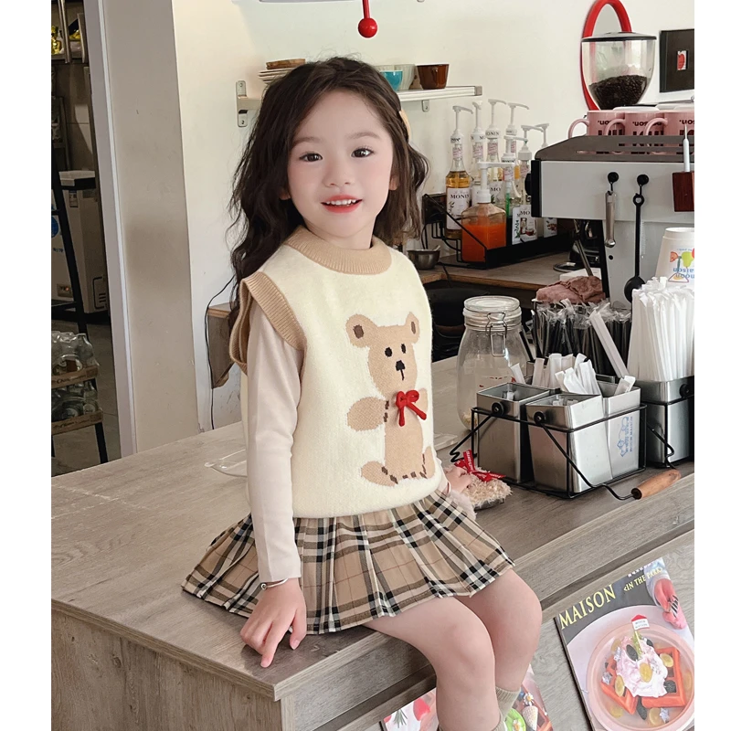 【萌萌熊】WWLL定制女宝宝秋装女童针织马甲格子半裙2件套洋气秋装