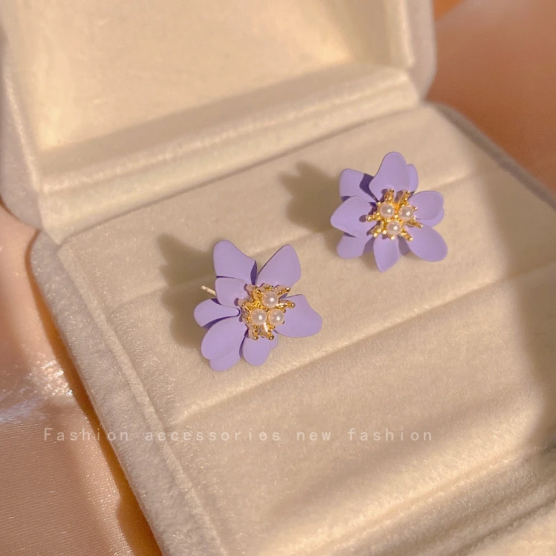 夏季新款小清新紫色花朵耳钉女时尚气质珠珠耳环网红个性简约耳饰