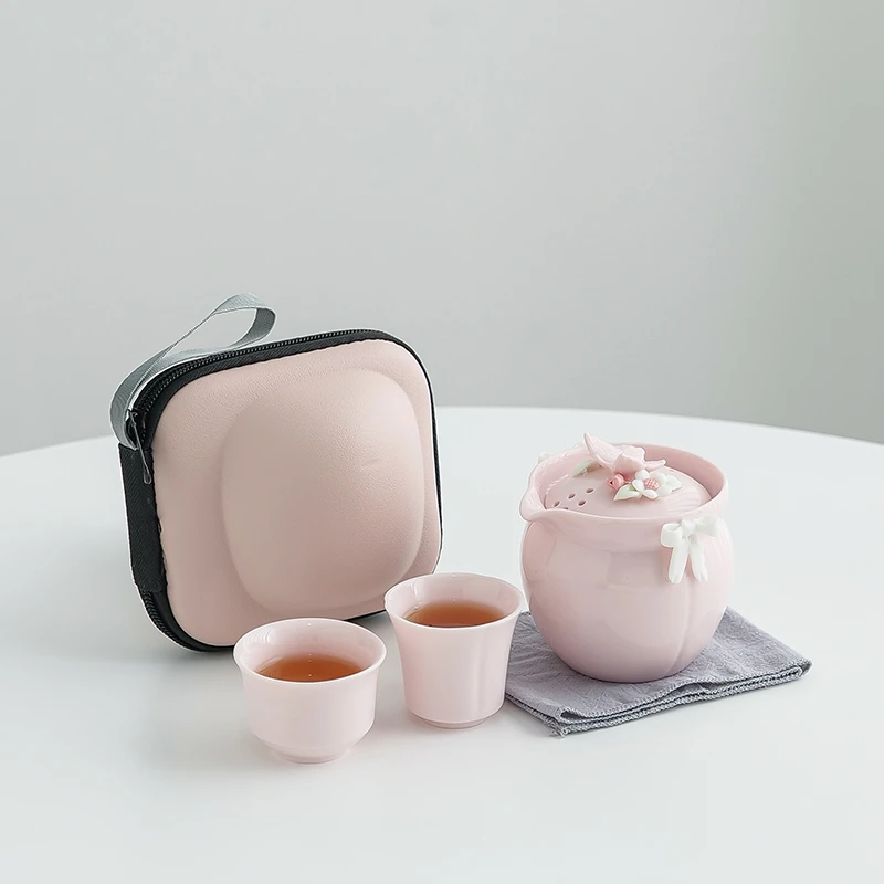 粉色捏花旅行茶具浪漫快客杯一壶二杯便携式盖碗户外功夫套装