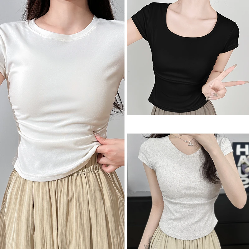 尼恩赛斯美式短袖t恤女夏季2024新爆款辣妹打底正肩修身短款上衣