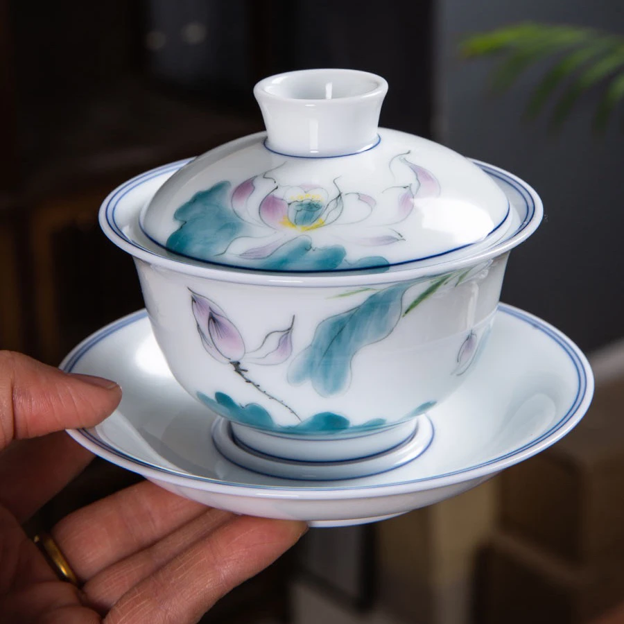手绘陶瓷盖碗可悬停中式仿古功夫茶具大号三才泡茶碗茶杯白瓷单个