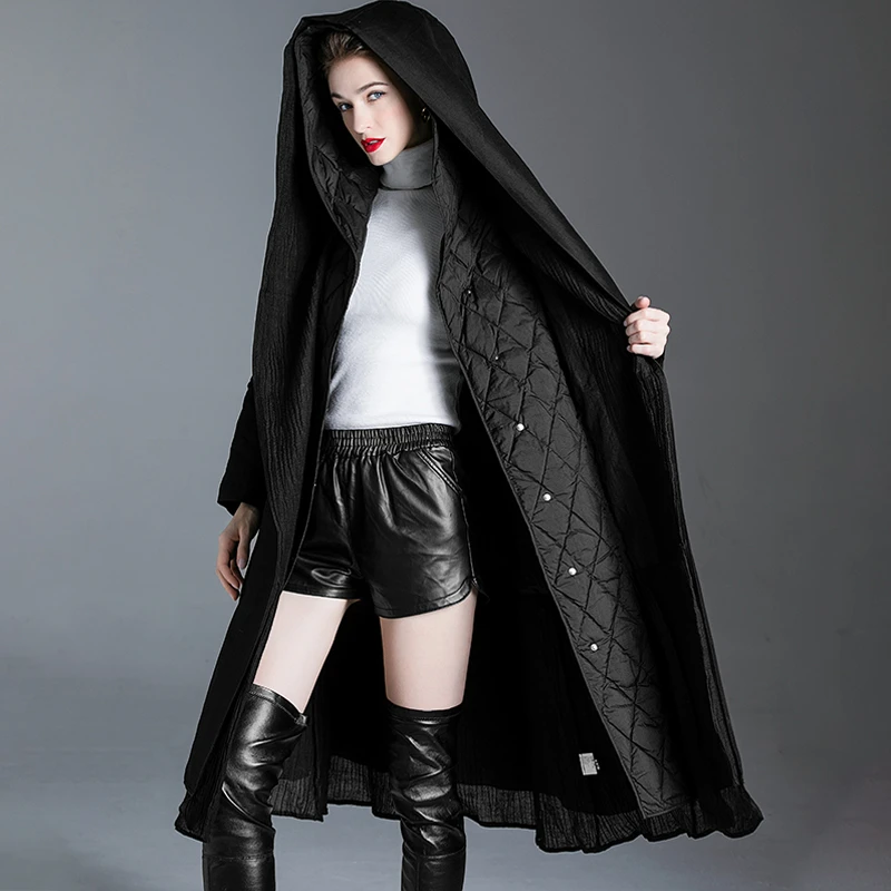 薄款拼接羽绒服女中长款连帽过膝系带个性显瘦时尚高端白鸭绒外套