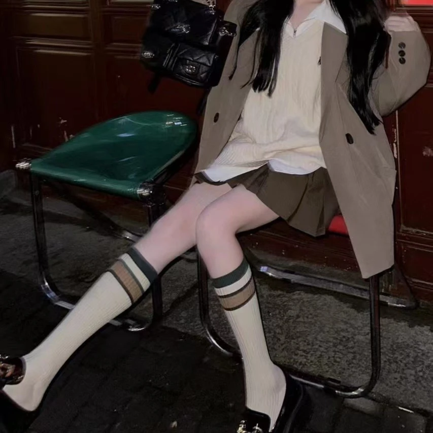 YIRH SOCKS 学院风少女小腿袜春秋日系条纹百搭撞色ins韩版长筒袜