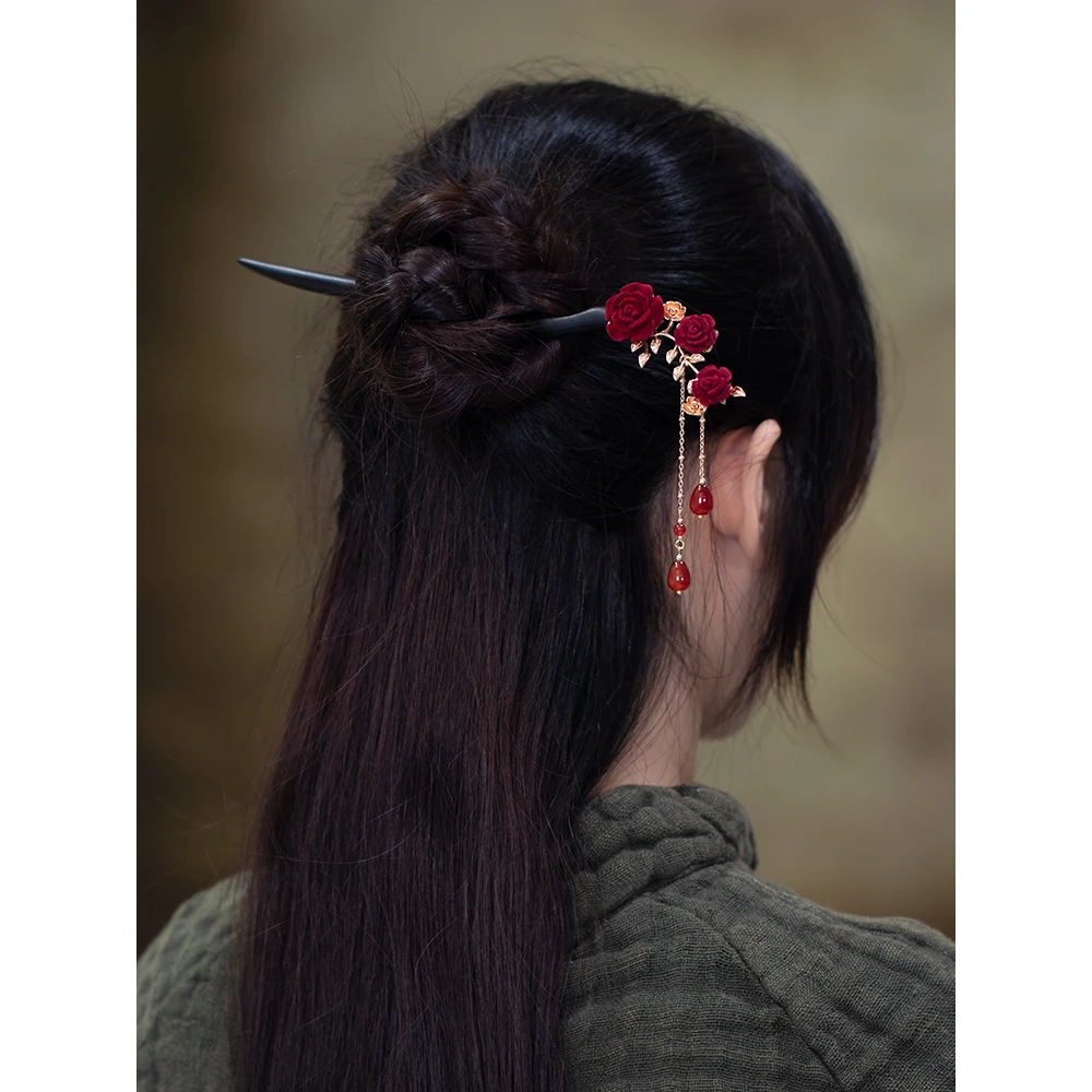 黑檀木玫瑰花盘发簪子古风高级感汉服旗袍配饰新中式日常新年发簪