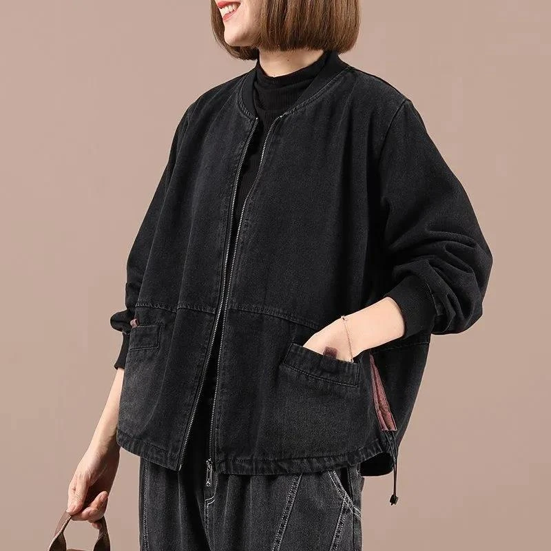 牛仔外套女款2025春季新款棒球领水洗短款拼色口袋休闲百搭上衣