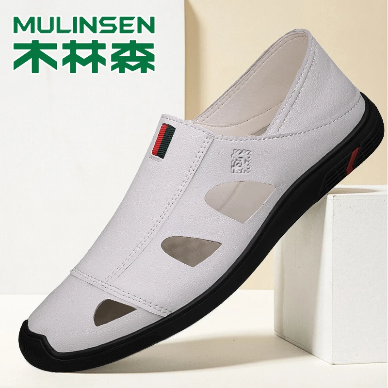 木林森凉鞋男2024新款夏季真皮罗马包头洞洞鞋防滑越南开车沙滩鞋