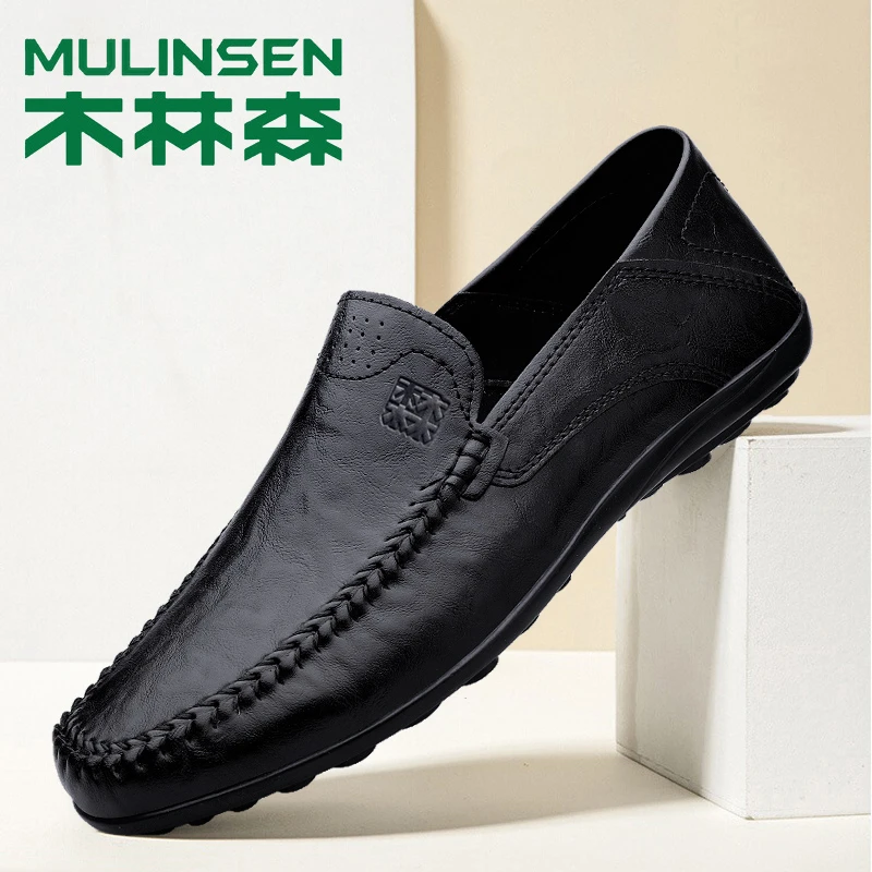 木林森夏季新款皮鞋男时尚高档潮流休闲鞋透气套脚软皮软底豆豆鞋