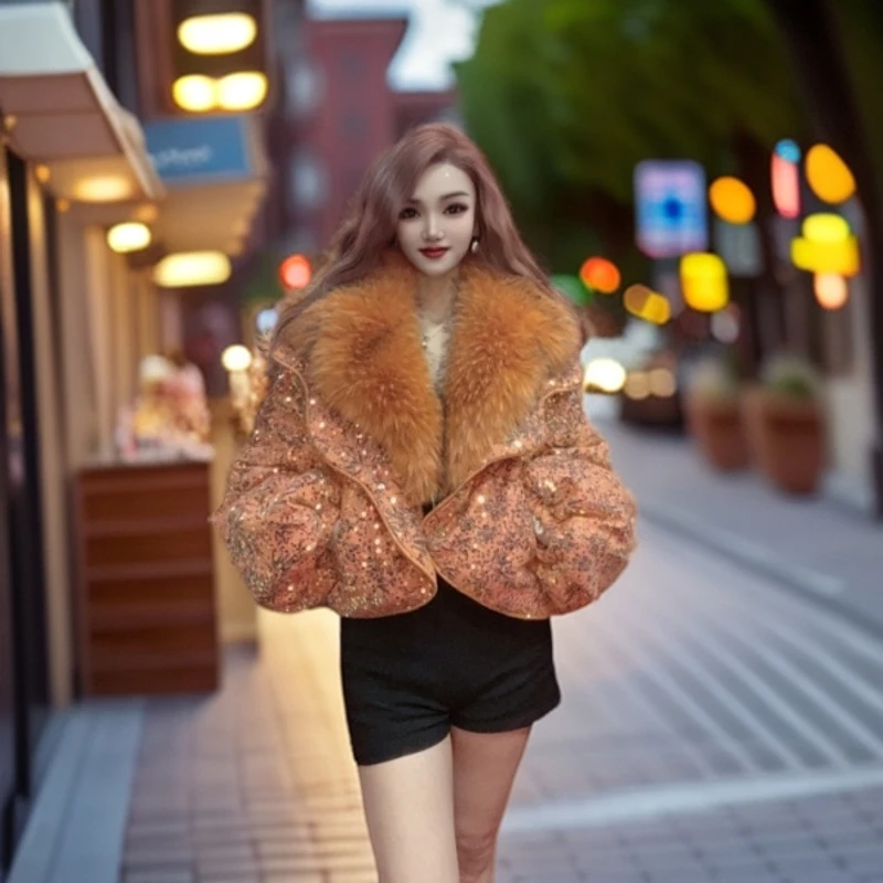 【嘎里嘎气】2024年冬季新款亮片大毛领短款洋气外套