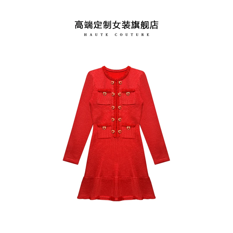 【筱翊定制】秋冬新款正红色甜美小香千金风名媛针织鱼尾连衣裙短裙
